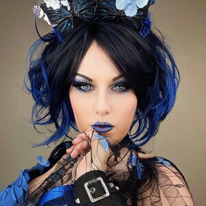 Wig Black Shaggy Bob with Blue tips short with bangs